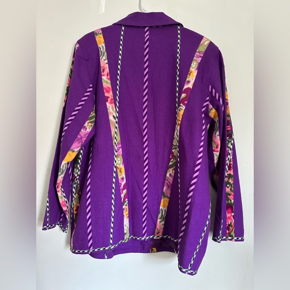 Koos of Course Purple Linen Blend Floral Striped Checker Silk Ribbon Blazer - Picture 7 of 8